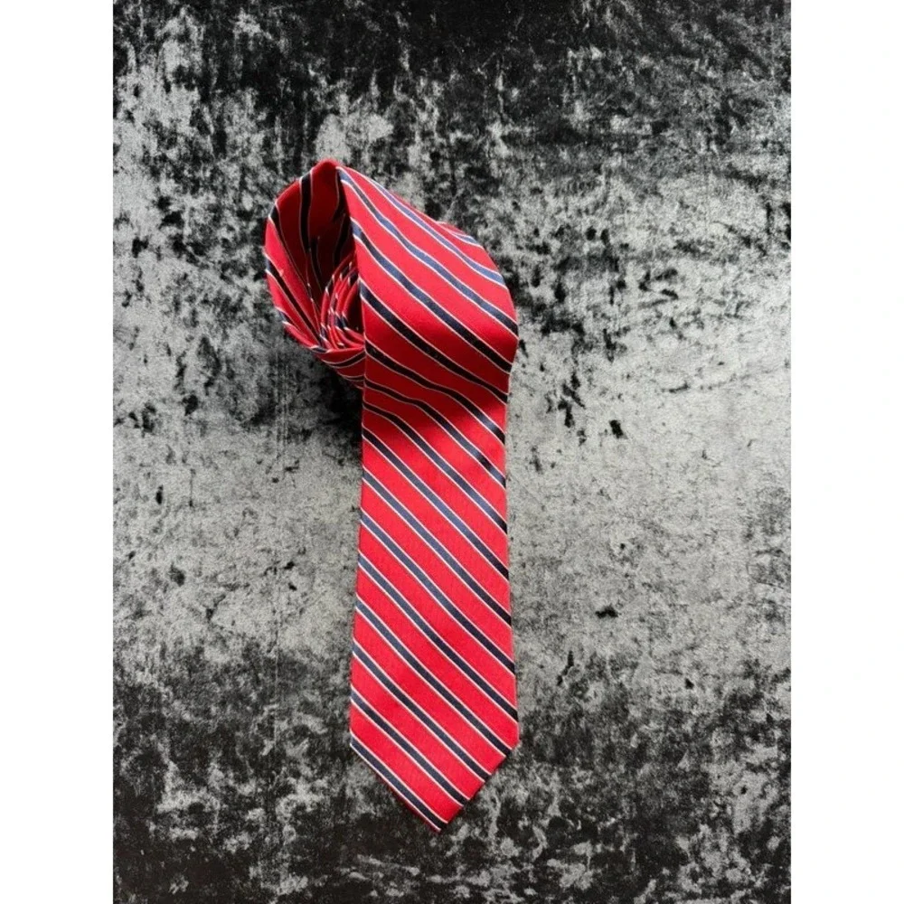 Nautica Men's 100% Silk Tie Red Navy Cream Repp Stripe Preppy Necktie